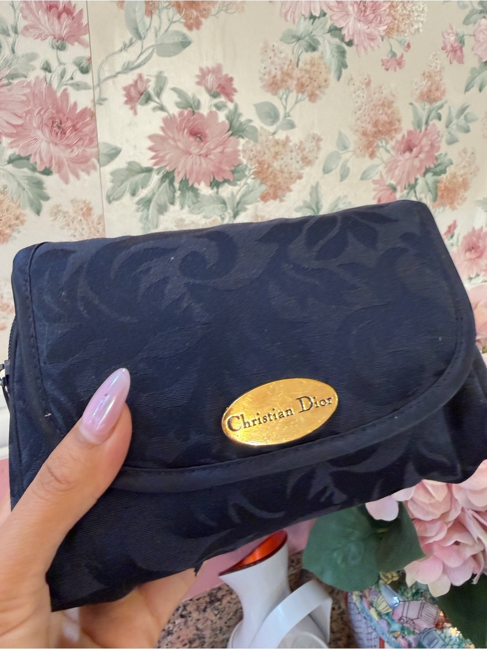 Dior Navy Jacquard Cosmetic Pouch with Gold Logo